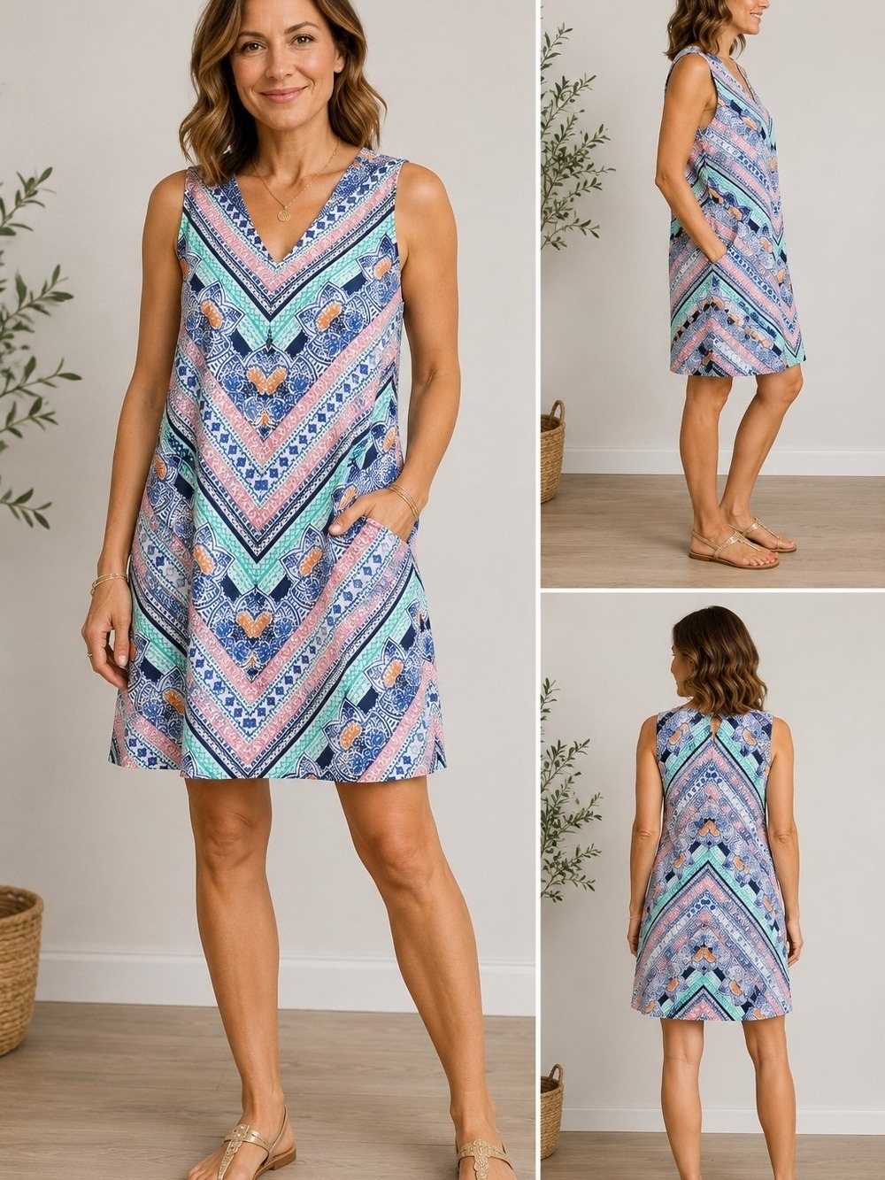 Tommy Bahama Linen Blend Shift Dress Medium Blue Pink Tropical Resort Beach